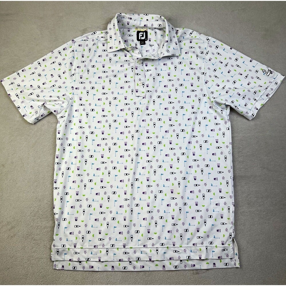 FootJoy Mens S Golf Polo Shirt White Graphic Print Stretch Collared Logo